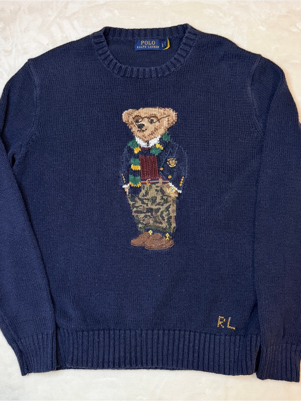 Polo Ralph Lauren Crewneck Preppy Bear Knit Sweater Navy Blue Mens Small